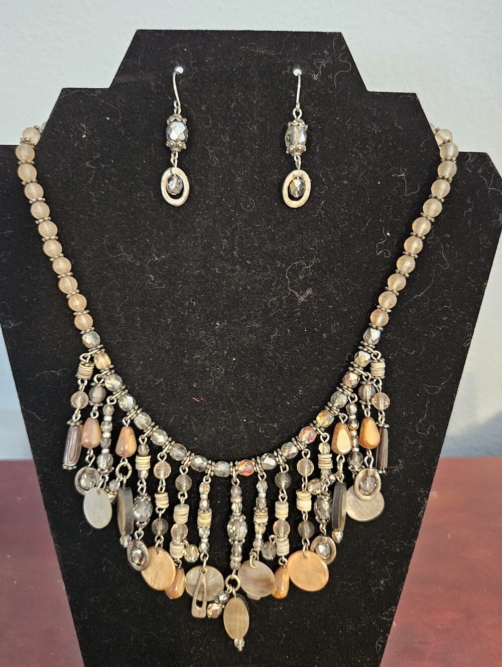 Chicos Boho Multi-Bead Fringe Necklace & Earrings Set in Beige-Taupe
